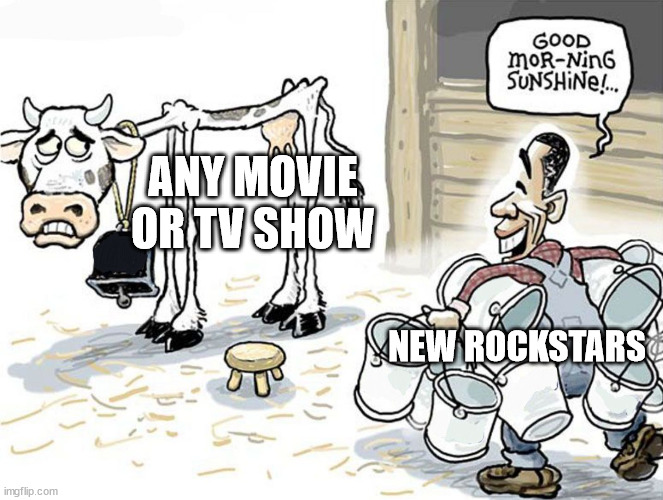 New Rockstars' unhealthy obsession with everything Marvel related | ANY MOVIE OR TV SHOW; NEW ROCKSTARS | image tagged in milking the cow | made w/ Imgflip meme maker