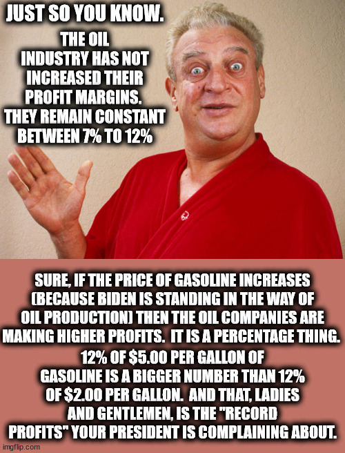 No business is ever started with the intention of just breaking even.  That is not a sound business practice. | JUST SO YOU KNOW. THE OIL INDUSTRY HAS NOT INCREASED THEIR PROFIT MARGINS.  THEY REMAIN CONSTANT BETWEEN 7% TO 12%; SURE, IF THE PRICE OF GASOLINE INCREASES (BECAUSE BIDEN IS STANDING IN THE WAY OF OIL PRODUCTION) THEN THE OIL COMPANIES ARE MAKING HIGHER PROFITS.  IT IS A PERCENTAGE THING. 12% OF $5.00 PER GALLON OF GASOLINE IS A BIGGER NUMBER THAN 12% OF $2.00 PER GALLON.  AND THAT, LADIES AND GENTLEMEN, IS THE "RECORD PROFITS" YOUR PRESIDENT IS COMPLAINING ABOUT. | image tagged in just so you know,not the oil industries fault,biden cuts oil production,supply and demand | made w/ Imgflip meme maker