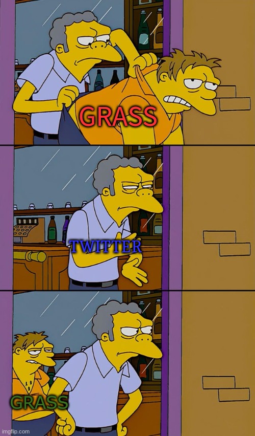 Moe throws Barney | GRASS; TWITTER; GRASS | image tagged in moe throws barney | made w/ Imgflip meme maker