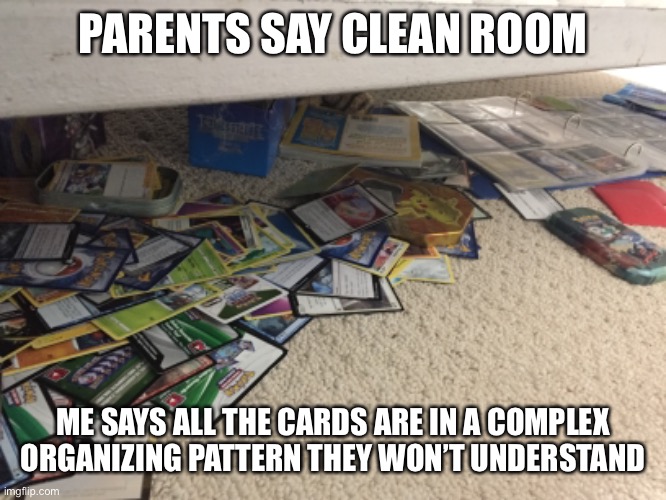 Lie | PARENTS SAY CLEAN ROOM; ME SAYS ALL THE CARDS ARE IN A COMPLEX ORGANIZING PATTERN THEY WON’T UNDERSTAND | image tagged in memes | made w/ Imgflip meme maker