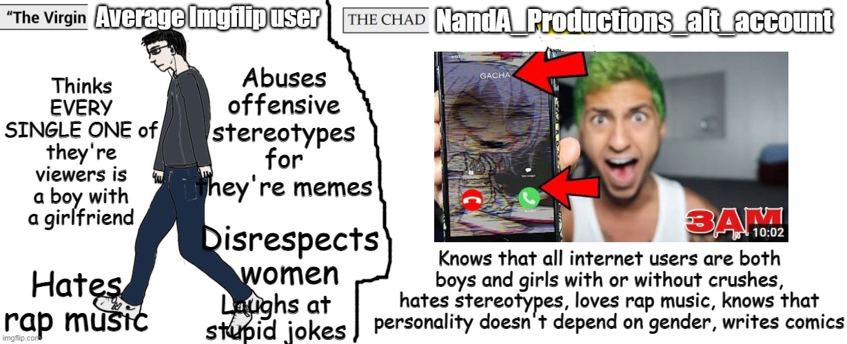 Virgin and Chad | Average Imgflip user; NandA_Productions_alt_account; Thinks EVERY SINGLE ONE of they're viewers is a boy with a girlfriend; Abuses offensive stereotypes for they're memes; Disrespects women; Knows that all internet users are both boys and girls with or without crushes, hates stereotypes, loves rap music, knows that personality doesn't depend on gender, writes comics; Hates rap music; Laughs at stupid jokes | image tagged in virgin and chad,true,respect,virgin,chad,women | made w/ Imgflip meme maker