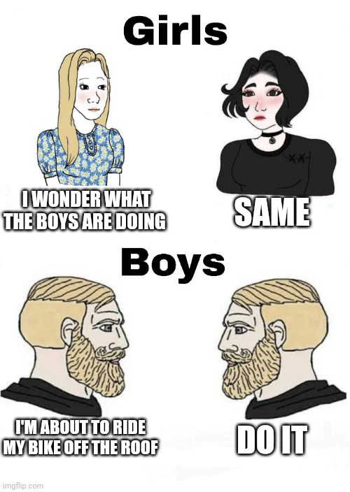 Girls vs Boys | SAME; I WONDER WHAT THE BOYS ARE DOING; DO IT; I'M ABOUT TO RIDE MY BIKE OFF THE ROOF | image tagged in girls vs boys,boys vs girls | made w/ Imgflip meme maker