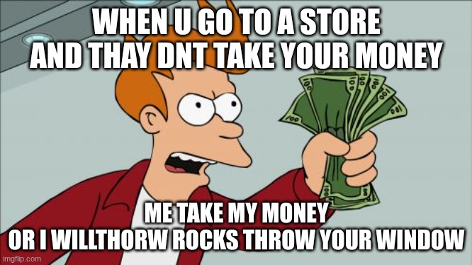Shut Up And Take My Money Fry Meme | WHEN U GO TO A STORE AND THAY DNT TAKE YOUR MONEY; ME TAKE MY MONEY
OR I WILLTHORW ROCKS THROW YOUR WINDOW | image tagged in memes,shut up and take my money fry | made w/ Imgflip meme maker
