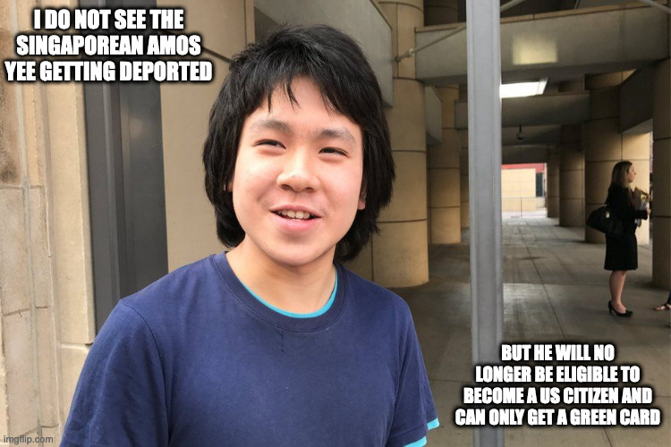 Amos Yee | I DO NOT SEE THE SINGAPOREAN AMOS YEE GETTING DEPORTED; BUT HE WILL NO LONGER BE ELIGIBLE TO BECOME A US CITIZEN AND CAN ONLY GET A GREEN CARD | image tagged in youtuber,amos yee,memes | made w/ Imgflip meme maker