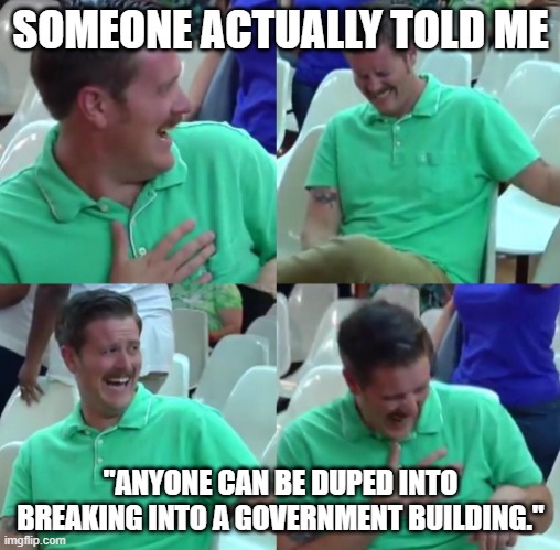 Green shirt guy | SOMEONE ACTUALLY TOLD ME; "ANYONE CAN BE DUPED INTO BREAKING INTO A GOVERNMENT BUILDING." | image tagged in green shirt guy | made w/ Imgflip meme maker