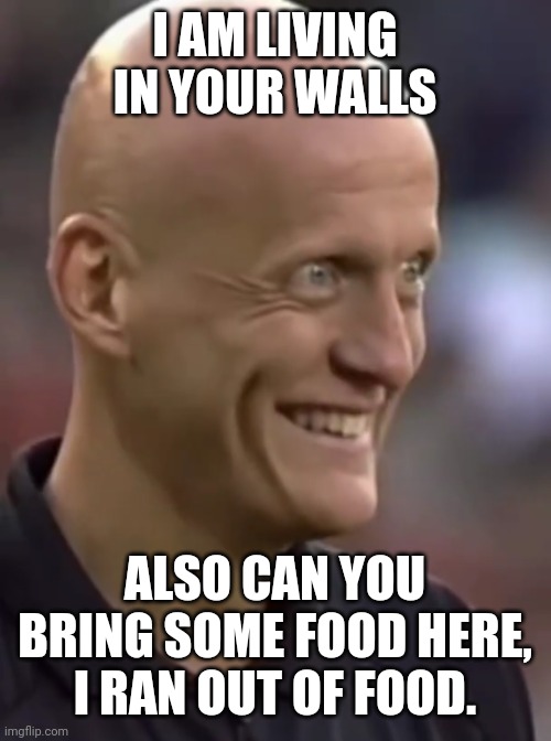 pierluigi collina | I AM LIVING IN YOUR WALLS; ALSO CAN YOU BRING SOME FOOD HERE, I RAN OUT OF FOOD. | image tagged in pierluigi collina | made w/ Imgflip meme maker
