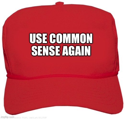 blank red MAGA hat | USE COMMON SENSE AGAIN | image tagged in blank red maga hat | made w/ Imgflip meme maker