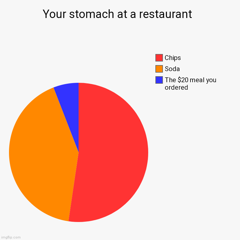 Your stomach at a restaurant | Your stomach at a restaurant  | The $20 meal you ordered, Soda, Chips | image tagged in charts,pie charts,funny memes,funny,good,memes | made w/ Imgflip chart maker