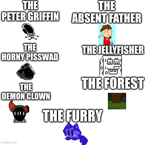 some members of the goofy ahh family poorly explained | THE PETER GRIFFIN; THE ABSENT FATHER; THE HORNY PISSWAD; THE JELLYFISHER; THE FOREST; THE DEMON CLOWN; THE FURRY | made w/ Imgflip meme maker