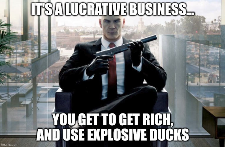 Hitman | IT'S A LUCRATIVE BUSINESS... YOU GET TO GET RICH, AND USE EXPLOSIVE DUCKS | image tagged in hitman | made w/ Imgflip meme maker