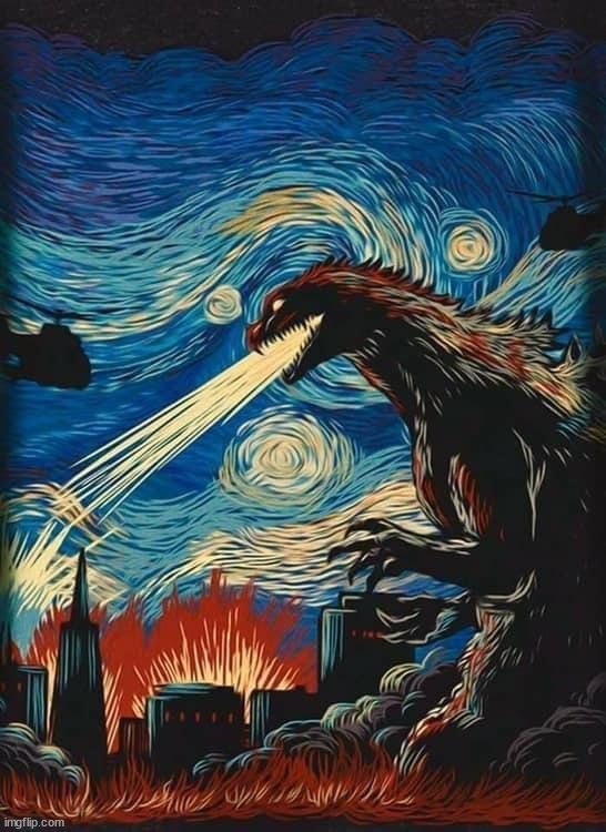 Starry night Godzilla version | image tagged in godzilla | made w/ Imgflip meme maker