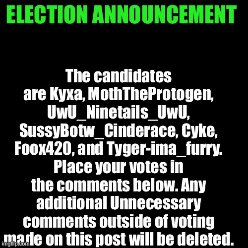 Phase 3: Voting | The candidates are Kyxa, MothTheProtogen, UwU_Ninetails_UwU, SussyBotw_Cinderace, Cyke, Foox420, and Tyger-ima_furry. Place your votes in the comments below. Any additional Unnecessary comments outside of voting made on this post will be deleted. ELECTION ANNOUNCEMENT | image tagged in memes,blank transparent square | made w/ Imgflip meme maker