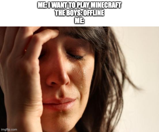 First World Problems Meme | ME: I WANT TO PLAY MINECRAFT
THE BOYS: OFFLINE
ME: | image tagged in memes,first world problems | made w/ Imgflip meme maker