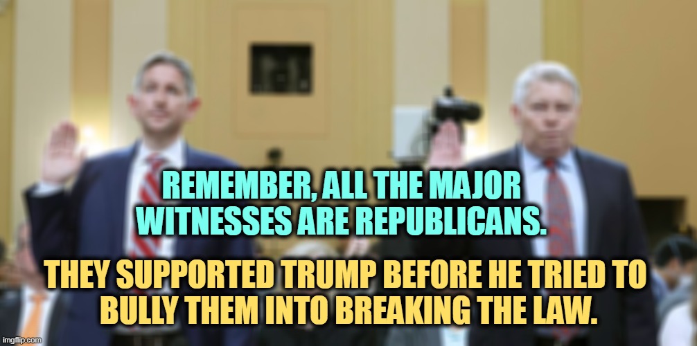 REMEMBER, ALL THE MAJOR WITNESSES ARE REPUBLICANS. THEY SUPPORTED TRUMP BEFORE HE TRIED TO 
BULLY THEM INTO BREAKING THE LAW. | image tagged in trump,bully,criminal,conspiracy | made w/ Imgflip meme maker
