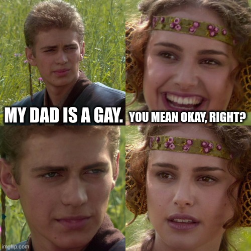 Happy Pride Month 2 | MY DAD IS A GAY. YOU MEAN OKAY, RIGHT? | image tagged in anakin padme 4 panel,pride month,gay pride | made w/ Imgflip meme maker