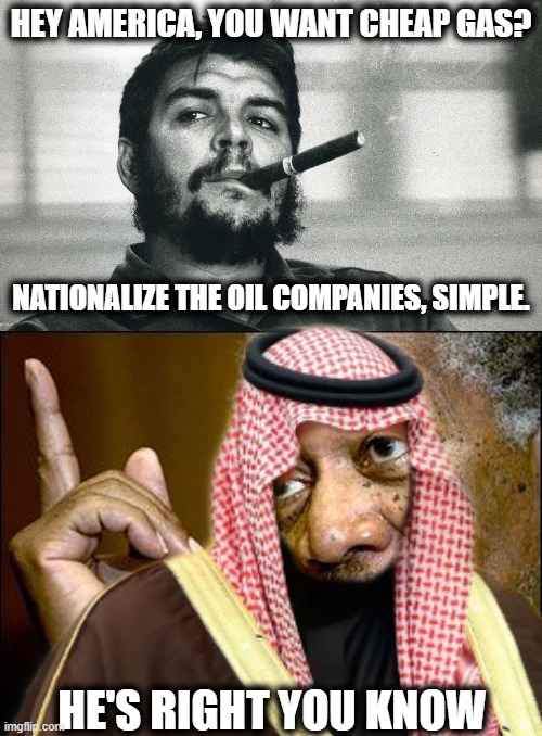 Maga = Death of Democracy, rule of law, and free markets. | HEY AMERICA, YOU WANT CHEAP GAS? NATIONALIZE THE OIL COMPANIES, SIMPLE. HE'S RIGHT YOU KNOW | image tagged in che,memes,politics,gas prices,maga | made w/ Imgflip meme maker