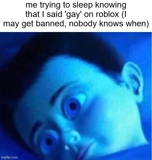 oh | me trying to sleep knowing that I said 'gay' on roblox (I may get banned, nobody knows when) | made w/ Imgflip meme maker