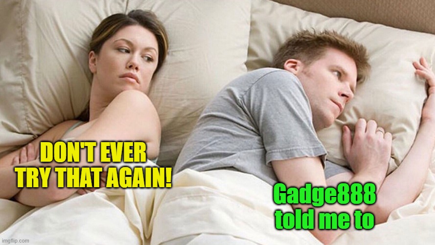 couple in bed | DON'T EVER TRY THAT AGAIN! Gadge888 told me to | image tagged in couple in bed | made w/ Imgflip meme maker