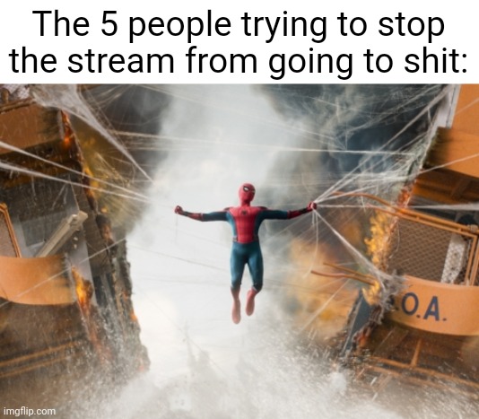 msmg slander 10 | The 5 people trying to stop the stream from going to shit: | image tagged in spiderman-holds-ship-together | made w/ Imgflip meme maker
