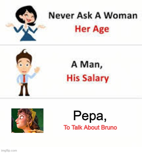 We don't talk about Bruno | Pepa, To Talk About Bruno | image tagged in never ask a woman her age,encanto,we don't talk about bruno | made w/ Imgflip meme maker