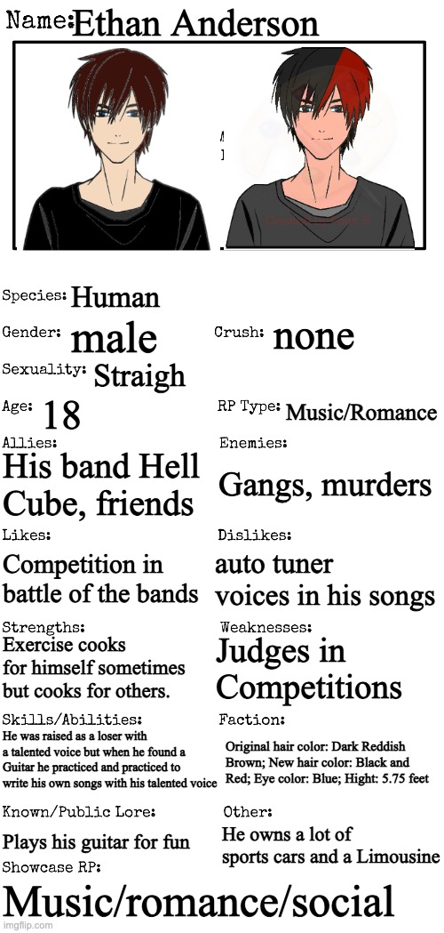 My RP OCs | Ethan Anderson; Human; none; male; Straigh; 18; Music/Romance; His band Hell Cube, friends; Gangs, murders; auto tuner voices in his songs; Competition in battle of the bands; Judges in Competitions; Exercise cooks for himself sometimes but cooks for others. He was raised as a loser with a talented voice but when he found a Guitar he practiced and practiced to write his own songs with his talented voice; Original hair color: Dark Reddish Brown; New hair color: Black and Red; Eye color: Blue; Hight: 5.75 feet; Plays his guitar for fun; He owns a lot of sports cars and a Limousine; Music/romance/social | image tagged in new oc showcase for rp stream | made w/ Imgflip meme maker
