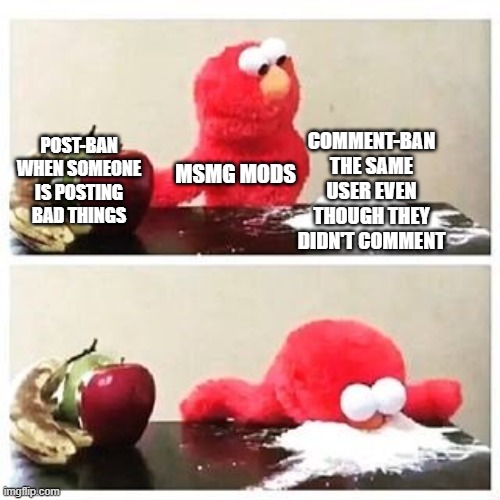 elmo cocaine | COMMENT-BAN THE SAME USER EVEN THOUGH THEY DIDN'T COMMENT; POST-BAN WHEN SOMEONE IS POSTING BAD THINGS; MSMG MODS | image tagged in elmo cocaine | made w/ Imgflip meme maker