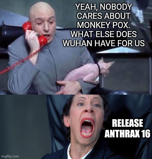 Whatever they release next, Bill Gates will have the vaccine already | YEAH, NOBODY CARES ABOUT MONKEY POX. WHAT ELSE DOES WUHAN HAVE FOR US; RELEASE ANTHRAX 16 | image tagged in dr evil and frau | made w/ Imgflip meme maker