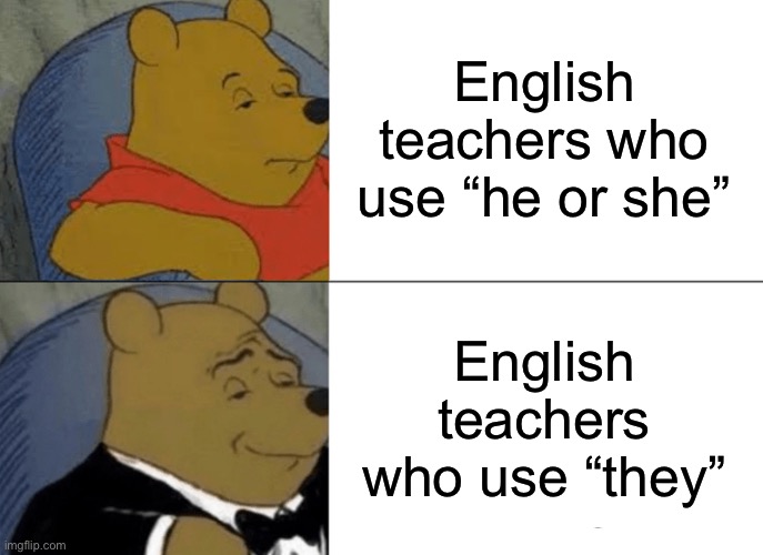 Tuxedo Winnie The Pooh Meme | English teachers who use “he or she”; English teachers who use “they” | image tagged in memes,tuxedo winnie the pooh | made w/ Imgflip meme maker