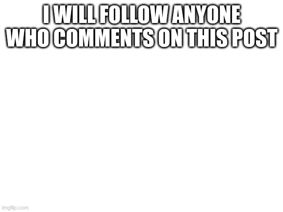 i will | I WILL FOLLOW ANYONE WHO COMMENTS ON THIS POST | image tagged in blank white template,memes,funny,lol,follow,anyone | made w/ Imgflip meme maker