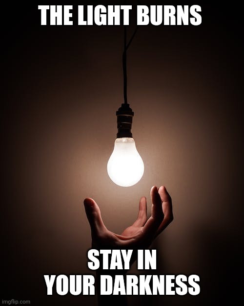 Darkness | THE LIGHT BURNS; STAY IN YOUR DARKNESS | image tagged in funny,dark humor,life | made w/ Imgflip meme maker
