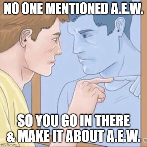 Idunno | NO ONE MENTIONED A.E.W. SO YOU GO IN THERE & MAKE IT ABOUT A.E.W. | image tagged in pointing mirror guy | made w/ Imgflip meme maker