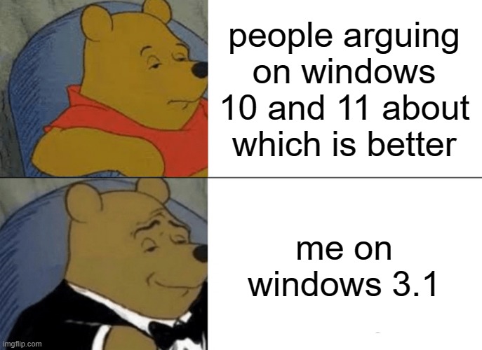 mac architecture | people arguing on windows 10 and 11 about which is better; me on windows 3.1 | image tagged in memes,tuxedo winnie the pooh | made w/ Imgflip meme maker