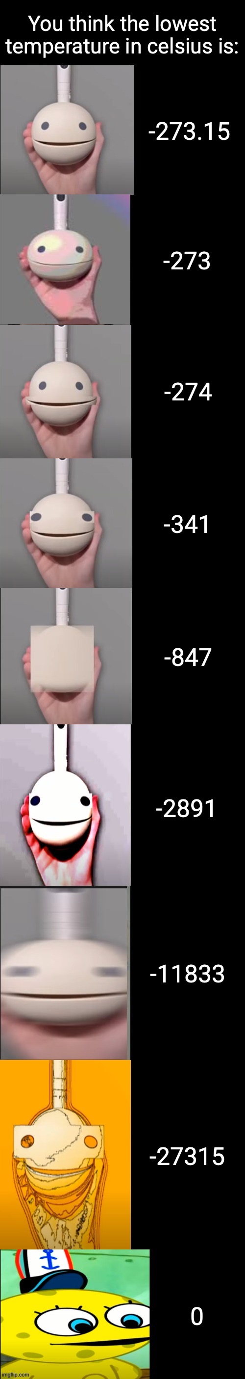 Otamatone becoming idiot |  You think the lowest temperature in celsius is:; -273.15; -273; -274; -341; -847; -2891; -11833; -27315 | image tagged in otamatone becoming idiot,idiot,otamatone,wah wah | made w/ Imgflip meme maker