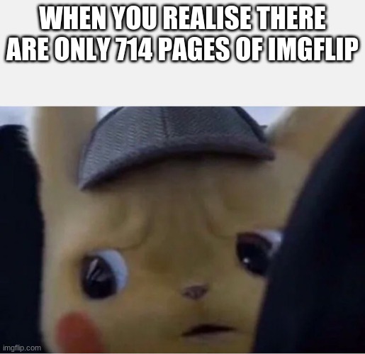 Took me about 3 weeks | WHEN YOU REALISE THERE ARE ONLY 714 PAGES OF IMGFLIP | image tagged in detective pikachu,funny memes,facts | made w/ Imgflip meme maker