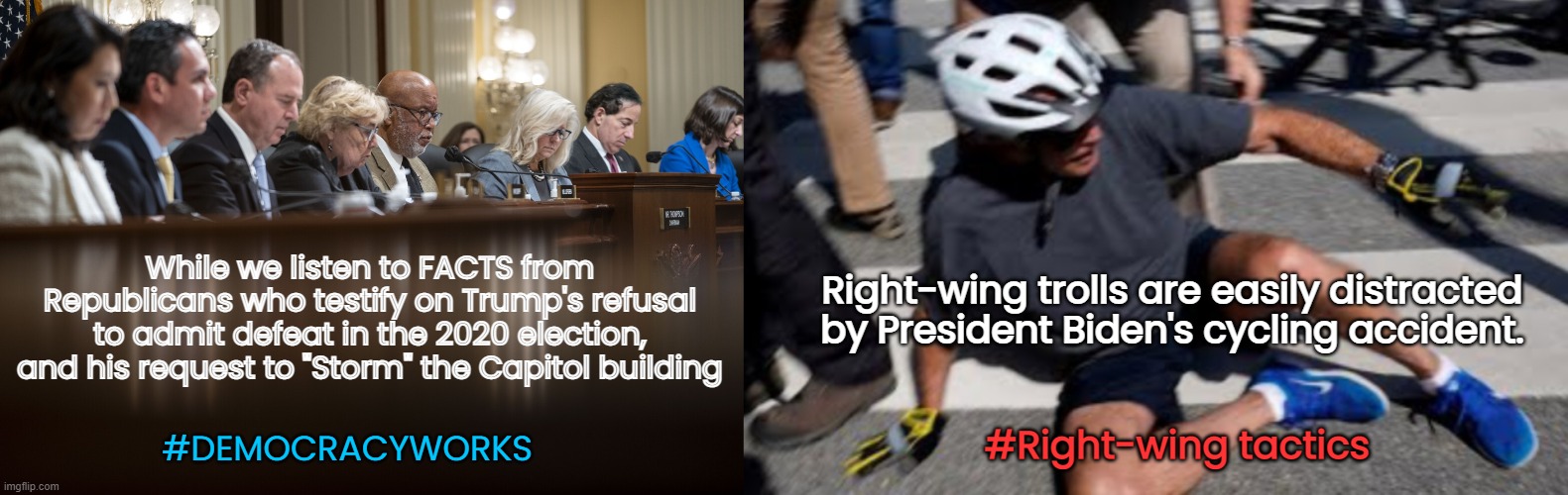 Jan 6th committee vs  Social Media Trolls | Right-wing trolls are easily distracted by President Biden's cycling accident. While we listen to FACTS from Republicans who testify on Trump's refusal to admit defeat in the 2020 election, and his request to "Storm" the Capitol building; #DEMOCRACYWORKS; #Right-wing tactics | image tagged in jan 6th commitee,joe biden falls off bike,trolls,distraction,gaslighting,right-wing tactics | made w/ Imgflip meme maker