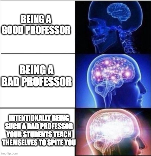 expanded woke 3 mind brain | BEING A GOOD PROFESSOR; BEING A BAD PROFESSOR; INTENTIONALLY BEING SUCH A BAD PROFESSOR YOUR STUDENTS TEACH THEMSELVES TO SPITE YOU | image tagged in expanded woke 3 mind brain | made w/ Imgflip meme maker