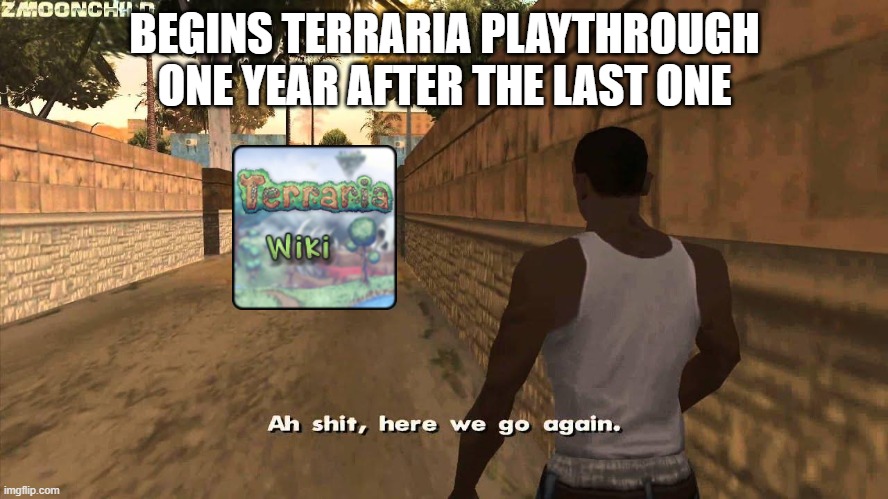 Which armor is better again? | BEGINS TERRARIA PLAYTHROUGH ONE YEAR AFTER THE LAST ONE | image tagged in here we go again | made w/ Imgflip meme maker