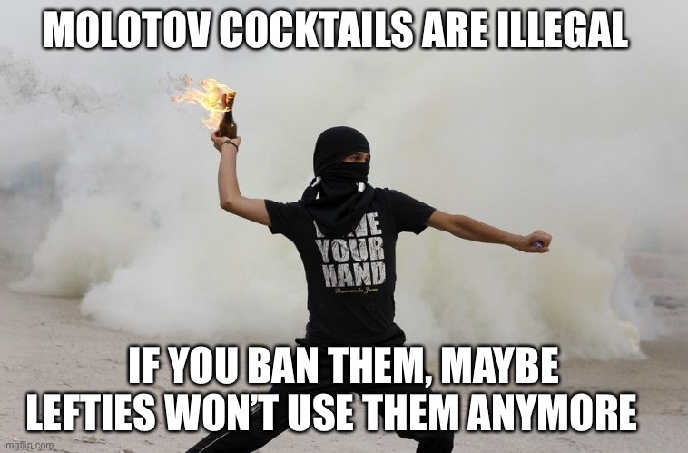 Criminals gonna criminal. | MOLOTOV COCKTAILS ARE ILLEGAL; IF YOU BAN THEM, MAYBE LEFTIES WON’T USE THEM ANYMORE | image tagged in liberal molotov thrower | made w/ Imgflip meme maker