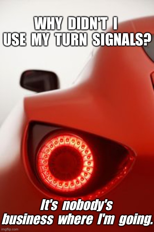 Turn signals | WHY  DIDN'T  I  USE  MY  TURN  SIGNALS? It's  nobody's  business  where  I'm  going. | image tagged in turn signals,car,no signal,going,nobodys business | made w/ Imgflip meme maker