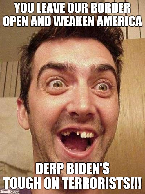 moron | YOU LEAVE OUR BORDER OPEN AND WEAKEN AMERICA DERP BIDEN'S TOUGH ON TERRORISTS!!! | image tagged in moron | made w/ Imgflip meme maker