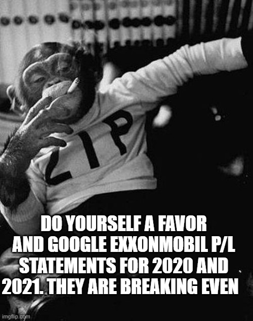 Zip the Smoking Chimp | DO YOURSELF A FAVOR AND GOOGLE EXXONMOBIL P/L STATEMENTS FOR 2020 AND 2021. THEY ARE BREAKING EVEN | image tagged in zip the smoking chimp | made w/ Imgflip meme maker