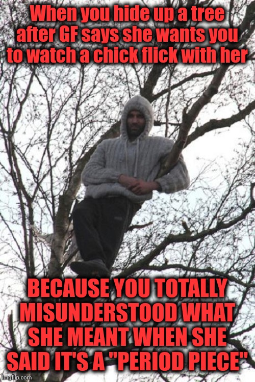 No way! | When you hide up a tree after GF says she wants you to watch a chick flick with her; BECAUSE YOU TOTALLY MISUNDERSTOOD WHAT SHE MEANT WHEN SHE SAID IT'S A "PERIOD PIECE" | image tagged in memes,chick flick,period piece,man in tree,misunderstood | made w/ Imgflip meme maker