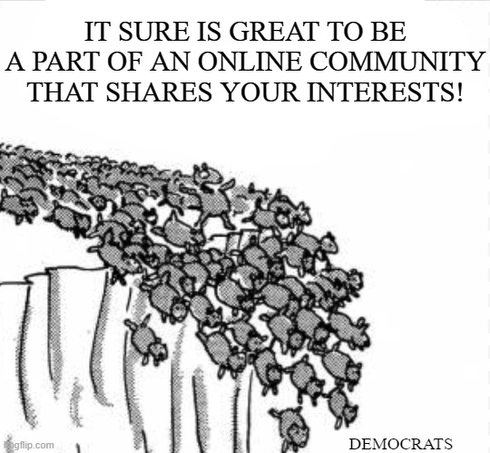 Lemming Dummycrats | IT SURE IS GREAT TO BE A PART OF AN ONLINE COMMUNITY THAT SHARES YOUR INTERESTS! DEMOCRATS | image tagged in funny memes,political meme,lemming dummycrats,flp,meme malicia | made w/ Imgflip meme maker