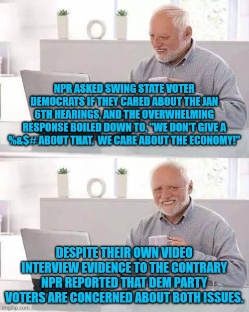 Dear leftists don't you ever get tired of your own media outlets blatantly playing you for fools? | NPR ASKED SWING STATE VOTER DEMOCRATS IF THEY CARED ABOUT THE JAN 6TH HEARINGS, AND THE OVERWHELMING RESPONSE BOILED DOWN TO, "WE DON'T GIVE A %&$# ABOUT THAT.  WE CARE ABOUT THE ECONOMY!"; DESPITE THEIR OWN VIDEO INTERVIEW EVIDENCE TO THE CONTRARY NPR REPORTED THAT DEM PARTY VOTERS ARE CONCERNED ABOUT BOTH ISSUES. | image tagged in memes,hide the pain harold | made w/ Imgflip meme maker