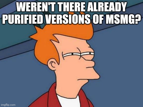 Futurama Fry Meme | WEREN'T THERE ALREADY PURIFIED VERSIONS OF MSMG? | image tagged in memes,futurama fry | made w/ Imgflip meme maker