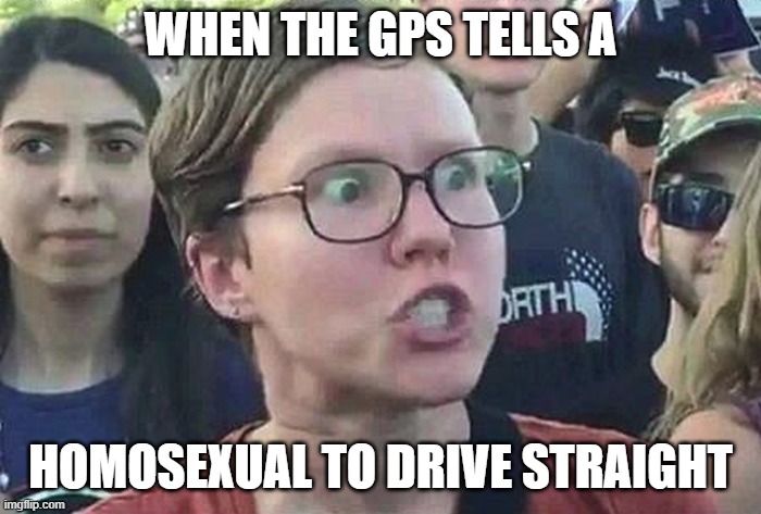 Triggered Liberal |  WHEN THE GPS TELLS A; HOMOSEXUAL TO DRIVE STRAIGHT | image tagged in triggered liberal | made w/ Imgflip meme maker