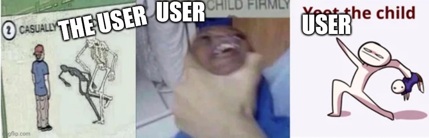 Casually Approach Child, Grasp Child Firmly, Yeet the Child | USER THE USER USER | image tagged in casually approach child grasp child firmly yeet the child | made w/ Imgflip meme maker