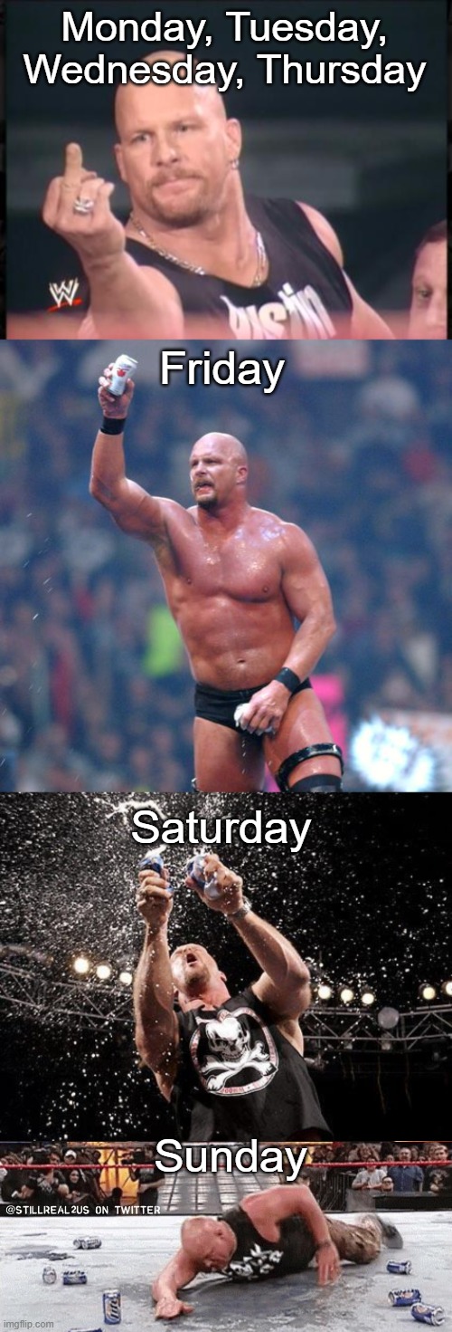 Days of the Week Portrayed by Stone Cold Steve Austin | Monday, Tuesday, Wednesday, Thursday; Friday; Saturday; Sunday | image tagged in memes,funny,wwe,stone cold steve austin | made w/ Imgflip meme maker