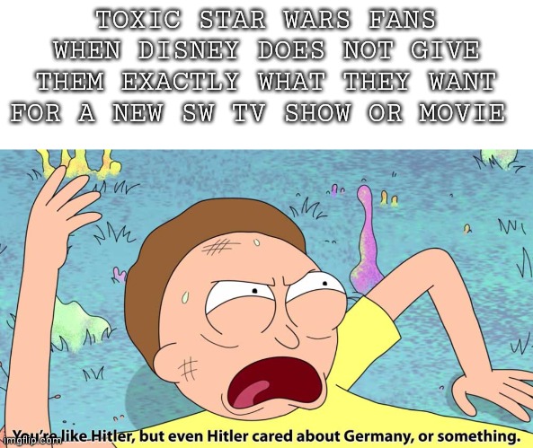 You’re like Hitler, but even Hitler cared about Germany |  TOXIC STAR WARS FANS WHEN DISNEY DOES NOT GIVE THEM EXACTLY WHAT THEY WANT FOR A NEW SW TV SHOW OR MOVIE | image tagged in you re like hitler but even hitler cared about germany,memes,starwars,rickandmorty | made w/ Imgflip meme maker