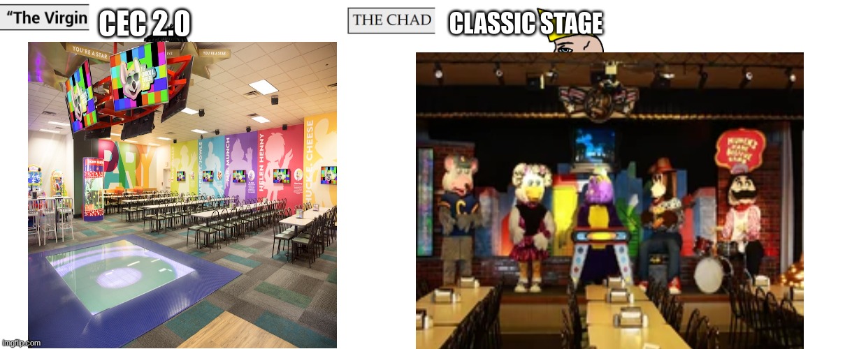 CEC fans be like: | CLASSIC STAGE; CEC 2.0 | image tagged in virgin and chad,chuck e cheese | made w/ Imgflip meme maker